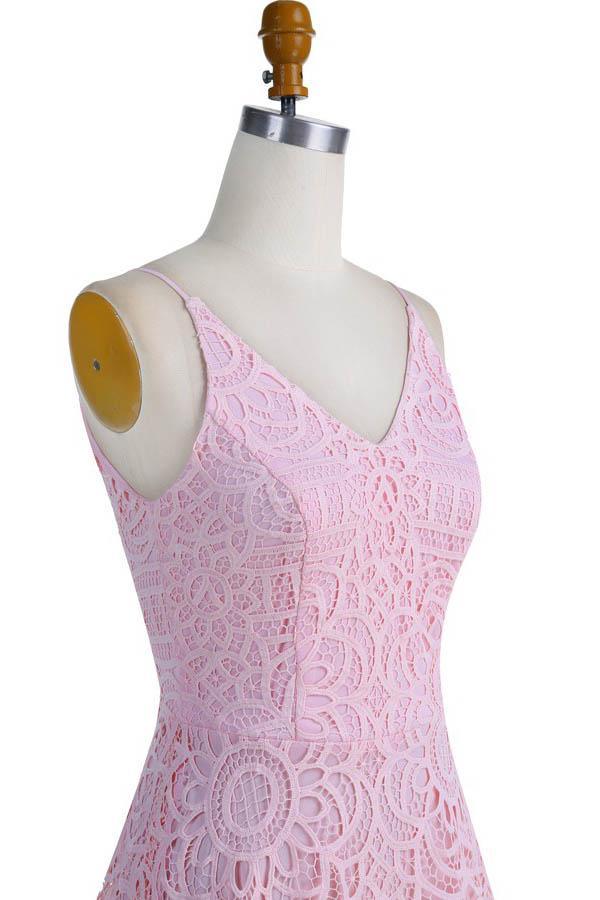 Vestido de dama de honor, fiesta de graduación y regreso a casa con escote en V y encaje rosa perla BD053