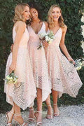 Vestido de dama de honor, fiesta de graduación y regreso a casa con escote en V y encaje rosa perla BD053