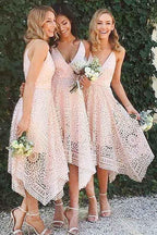 Vestido de dama de honor, fiesta de graduación y regreso a casa con escote en V y encaje rosa perla BD053