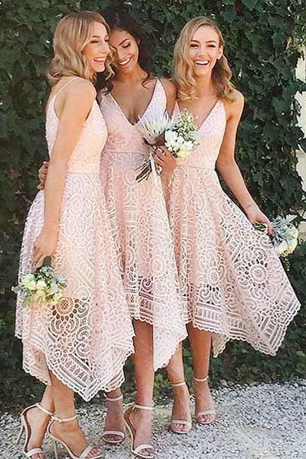 Vestido de dama de honor, fiesta de graduación y regreso a casa con escote en V y encaje rosa perla BD053