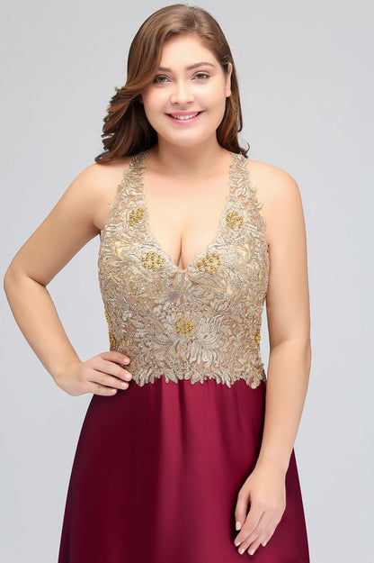 A-Line V-neck Plus size Long Sleeveless Evening Dresses with Appliques