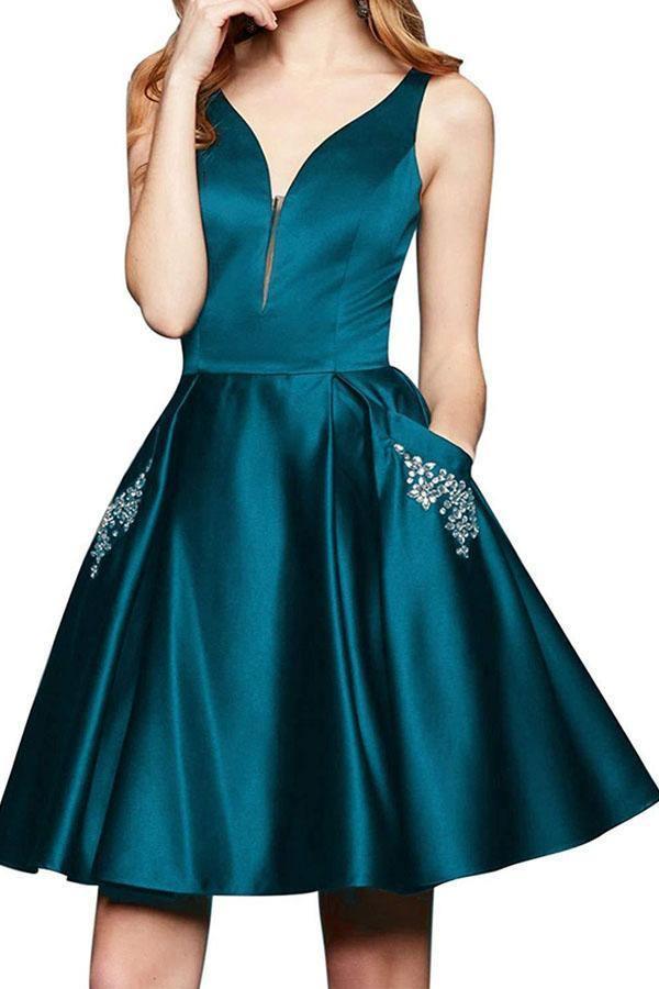 A Line V Neck Satin Burgundy Beaded Homecoming Dresses with Pockets  PD262