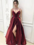 A-Linie V-Ausschnitt Satin Langes formelles Abschlussballkleid mit hohem Schlitz