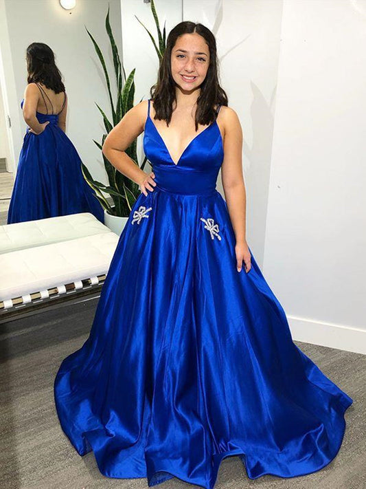 A-Linie V-Ausschnitt Satin Lange Ballkleider mit Taschen Königsblau Rückenfreies Abendkleid