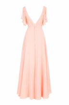 Vestido de dama de honor de gasa con escote en V, manga corta y largo hasta el suelo BD014
