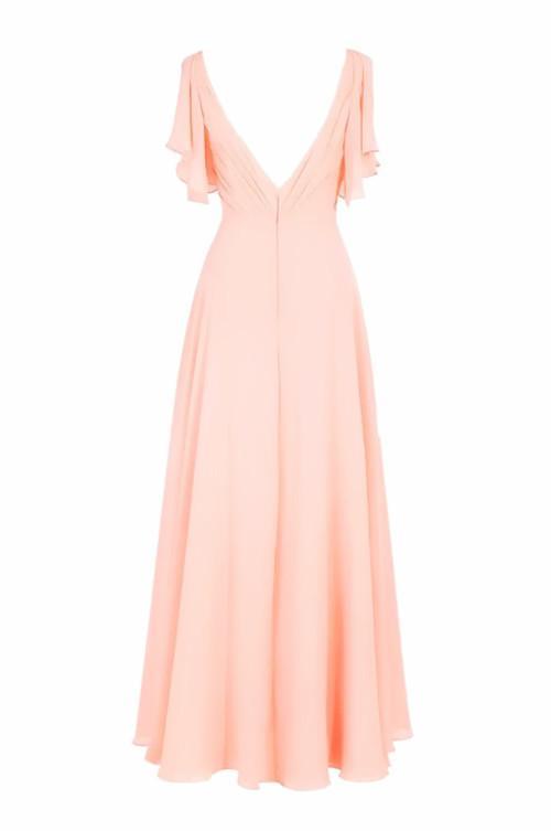 Vestido de dama de honor de gasa con escote en V, manga corta y largo hasta el suelo BD014