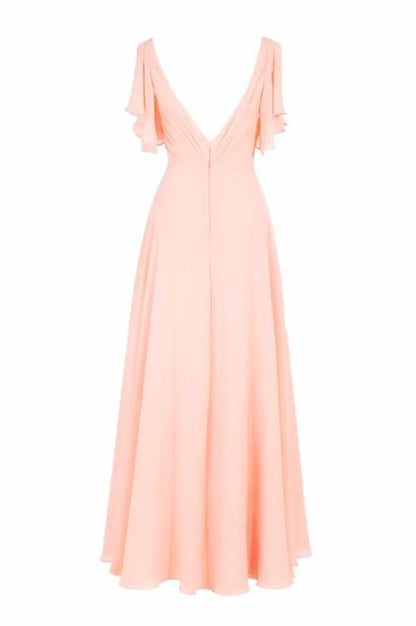 A-Linie V-Ausschnitt Kurze Ärmel Bodenlanges Chiffon Brautjungfernkleid BD014
