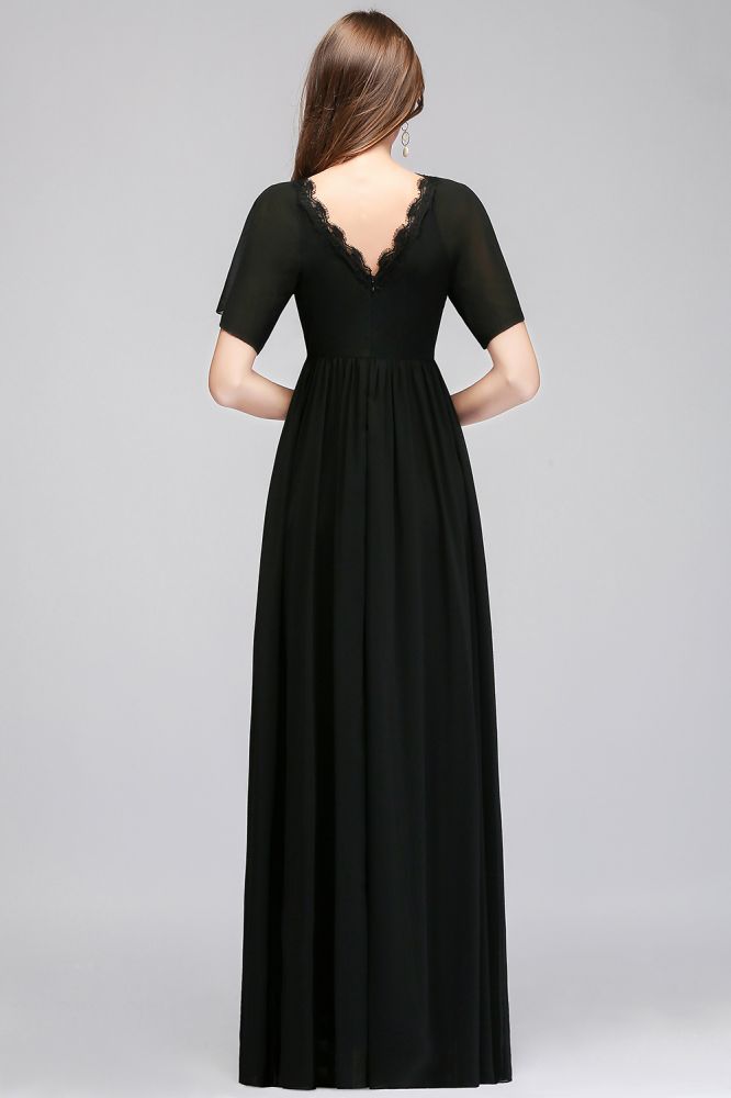 Vestido largo de dama de honor de gasa negra con escote en V y mangas cortas