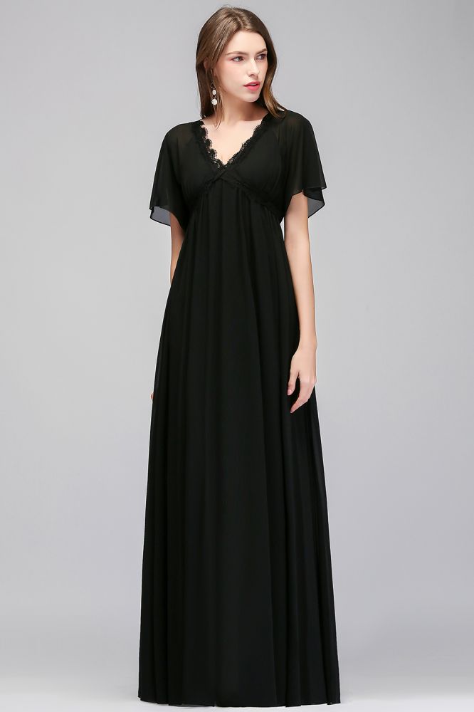 Vestido largo de dama de honor de gasa negra con escote en V y mangas cortas