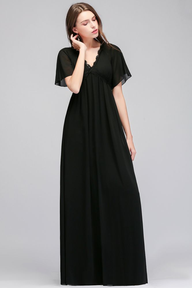 Vestido largo de dama de honor de gasa negra con escote en V y mangas cortas