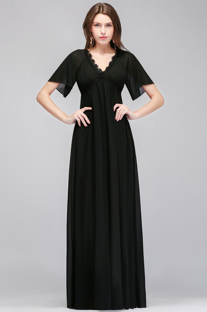 Vestido largo de dama de honor de gasa negra con escote en V y mangas cortas