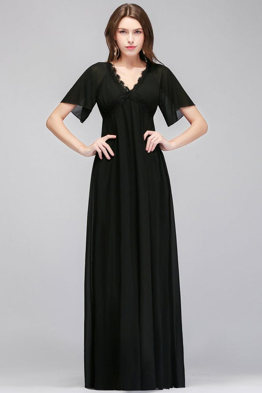 A-Linie V-Ausschnitt Kurze Ärmel Langes schwarzes Chiffon Brautjungfernkleid