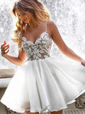 A-Linie V-Ausschnitt Kurze weiße Spitze Ballkleider Chiffon Formale Abschlussfeier Homecoming Kleider