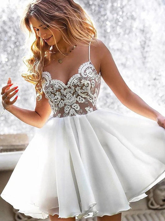 A-Linie V-Ausschnitt Kurze weiße Spitze Ballkleider Chiffon Formale Abschlussfeier Homecoming Kleider