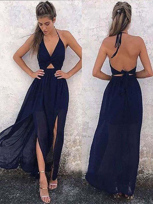 A-Linie V-Ausschnitt Ärmellos Bodenlang Mit Rüschen Chiffon Ballkleider