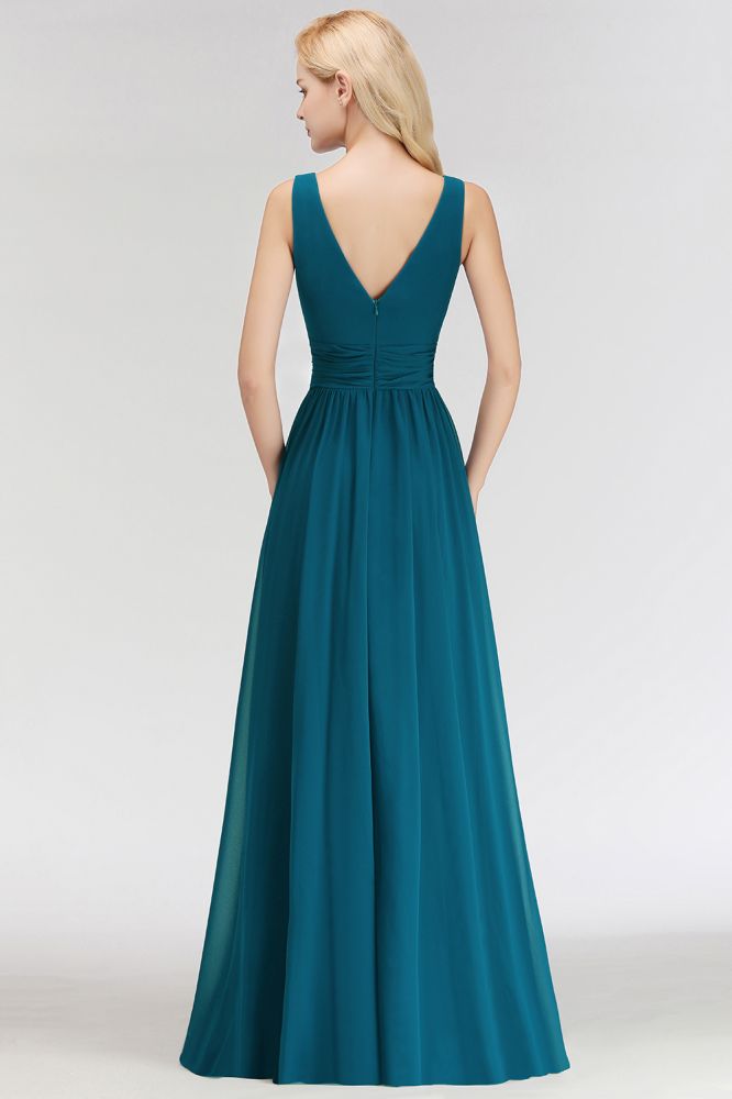 Vestido de dama de honor de gasa con volantes, sin mangas, escote en V y corte A