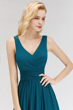 Vestido de dama de honor de gasa con volantes, sin mangas, escote en V y corte A