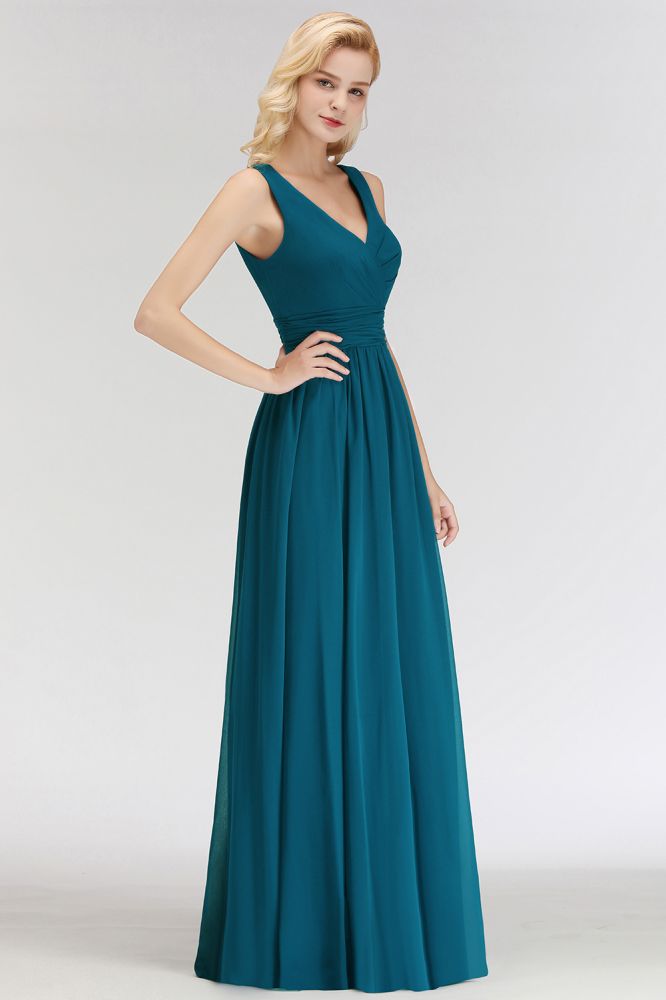 Vestido de dama de honor de gasa con volantes, sin mangas, escote en V y corte A