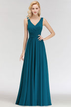 Vestido de dama de honor de gasa con volantes, sin mangas, escote en V y corte A