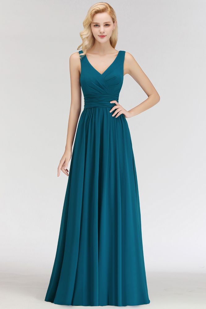 Vestido de dama de honor de gasa con volantes, sin mangas, escote en V y corte A