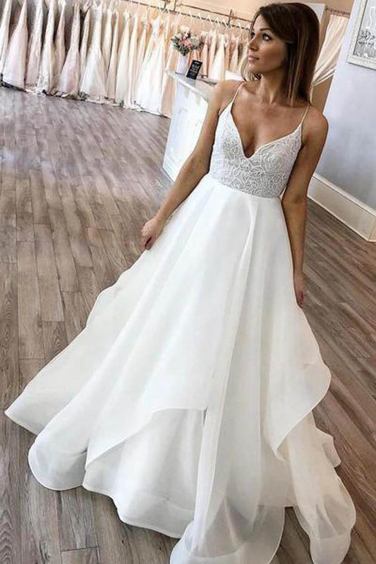 A-Linie V-Ausschnitt Spaghettiträger Charmante Organza Brautkleider WD404