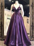 A-Linie V-Ausschnitt Spaghettiträger Satin Langes Abschlussballkleid