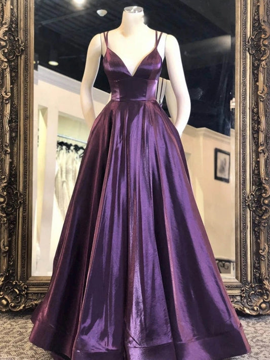 A-Linie V-Ausschnitt Spaghettiträger Satin Langes Abschlussballkleid