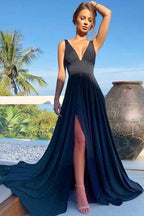 Vestido de fiesta de graduación de licra, corte en A, escote en V, cola larga, de paja y abertura, PG658