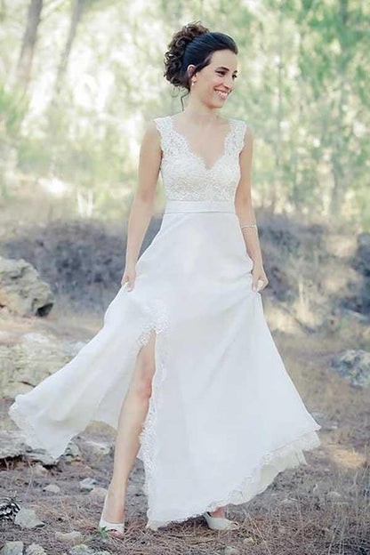 A-Linie V-Ausschnitt Sweep Schleppe Chiffon Strand Brautkleid mit Spitze WD262