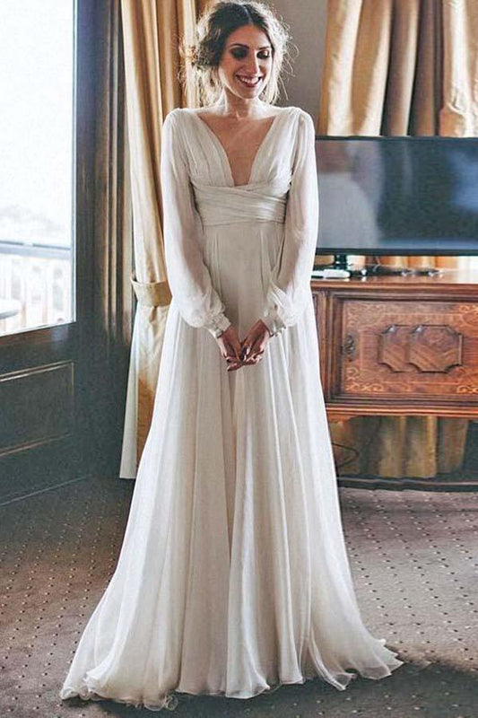 A-Linie V-Ausschnitt Sweep Schleppe Chiffon Strand Brautkleid mit Ärmeln WD389