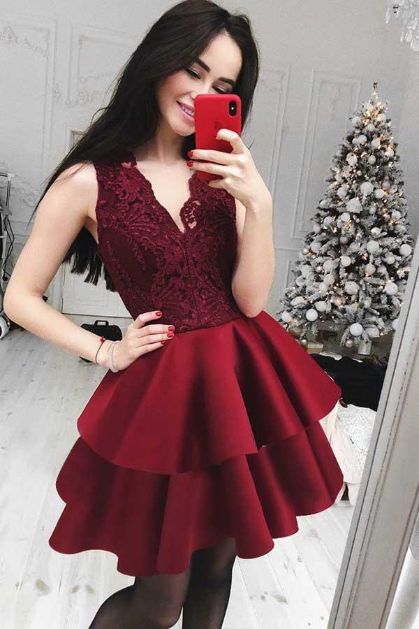 Vestido de fiesta/regreso a casa con escote en V, corte A y capas, color burdeos oscuro, con encaje PD032