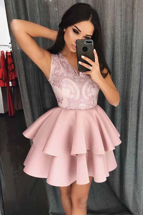 A-Line V-Neck Tiered Satin Homecoming Prom Dress with Appliques PD077