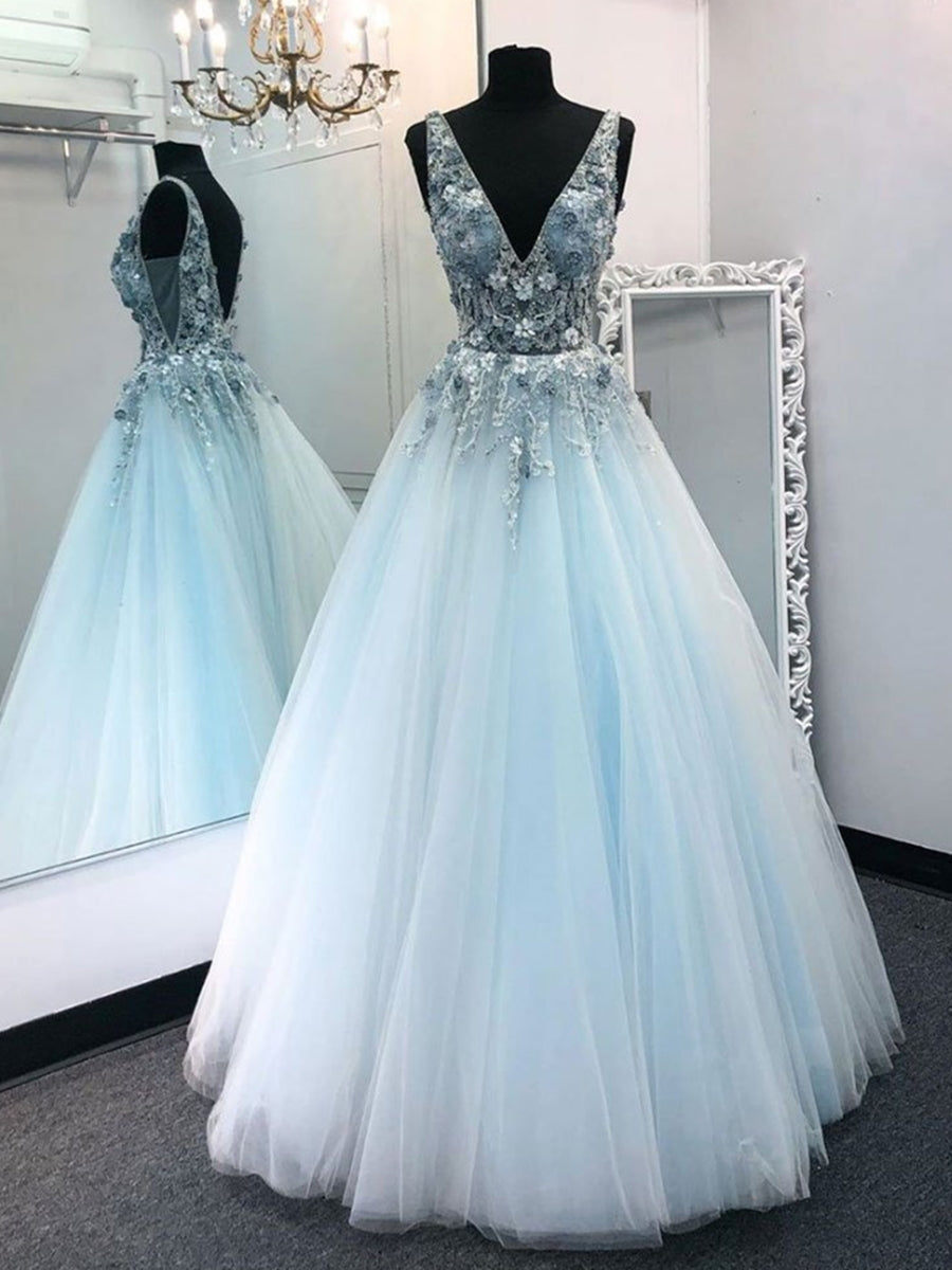 A-Linie V-Ausschnitt Tüll Blumenspitze Applikationen Langes rückenfreies Ballkleid