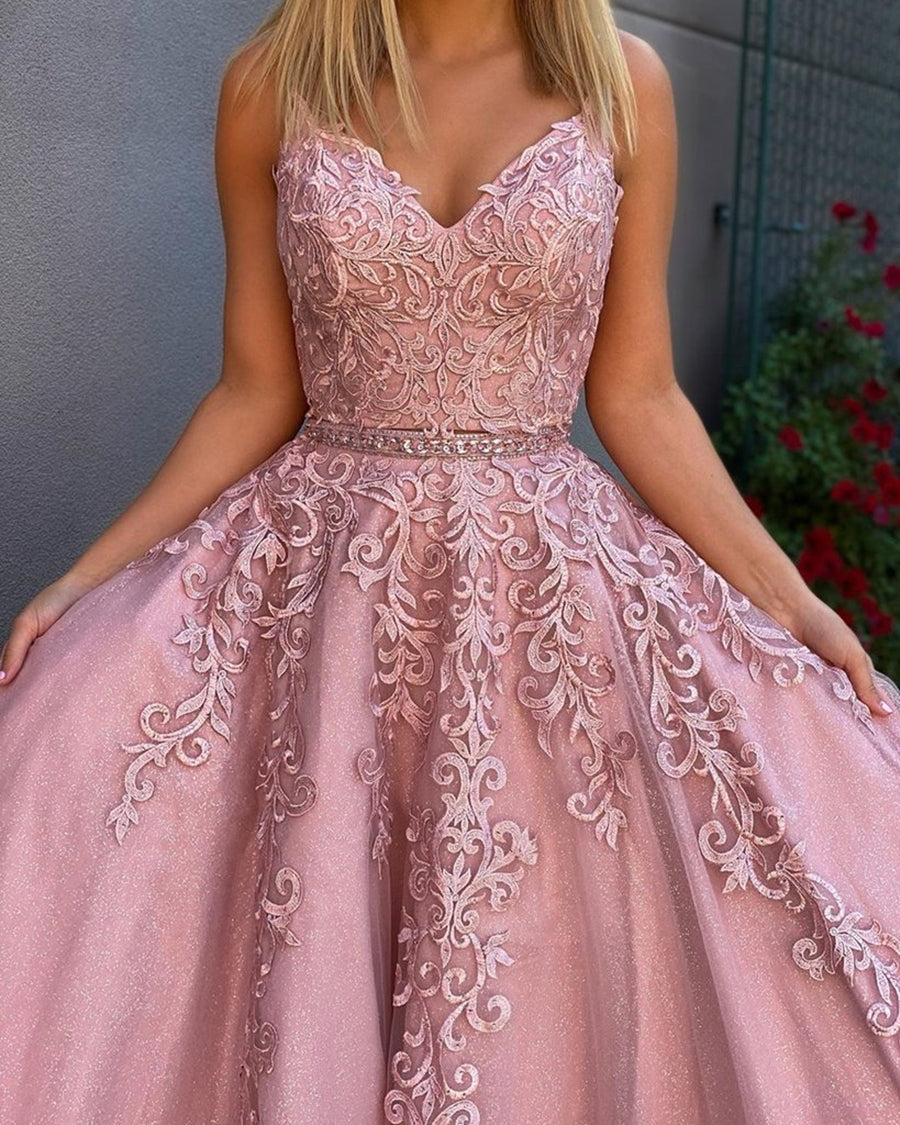 Vestidos de fiesta formales largos con escote en V, apliques de encaje de tul y cinturón