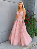 Vestidos de fiesta formales largos con escote en V, apliques de encaje de tul y cinturón