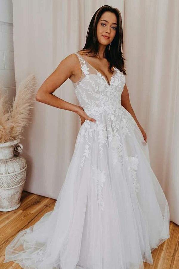 A-Linie V-Ausschnitt Tüll Spitzenapplikationen Romantisches Hochzeitskleid Brautkleid WD480