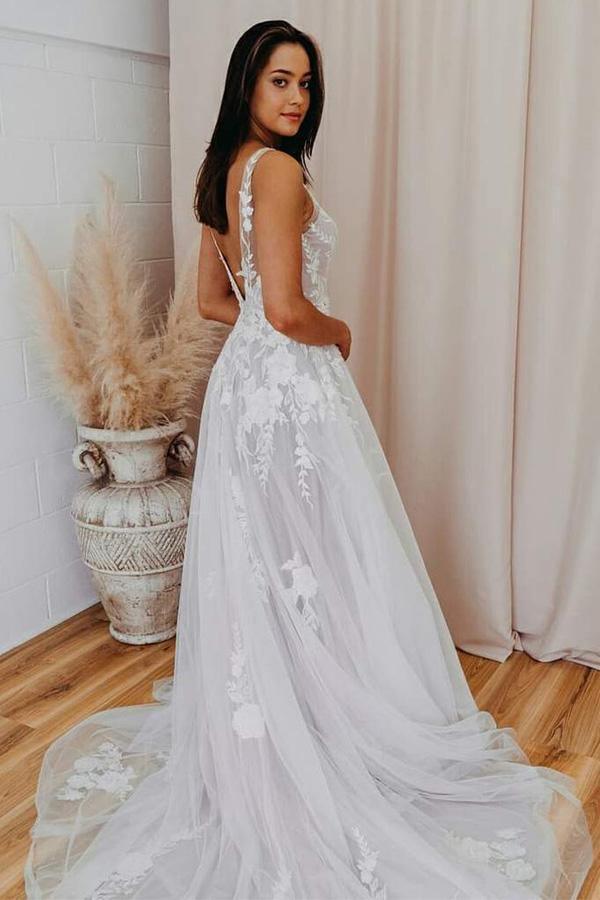 A-Linie V-Ausschnitt Tüll Spitzenapplikationen Romantisches Hochzeitskleid Brautkleid WD480