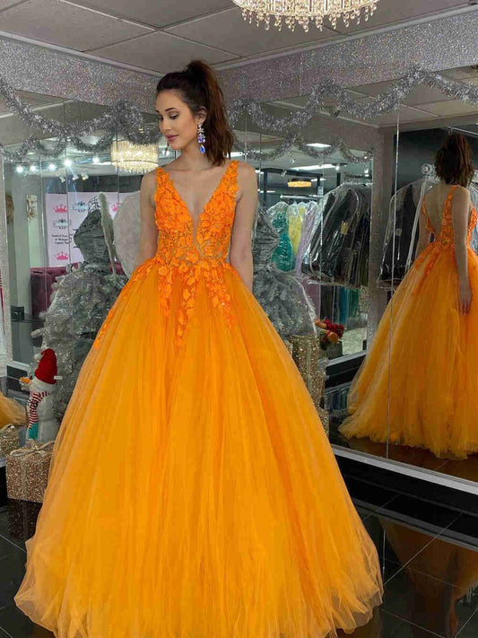 A-Linie V-Ausschnitt Tüll Spitze Rückenfrei Formelle Ballkleider Langes Abschlusskleid