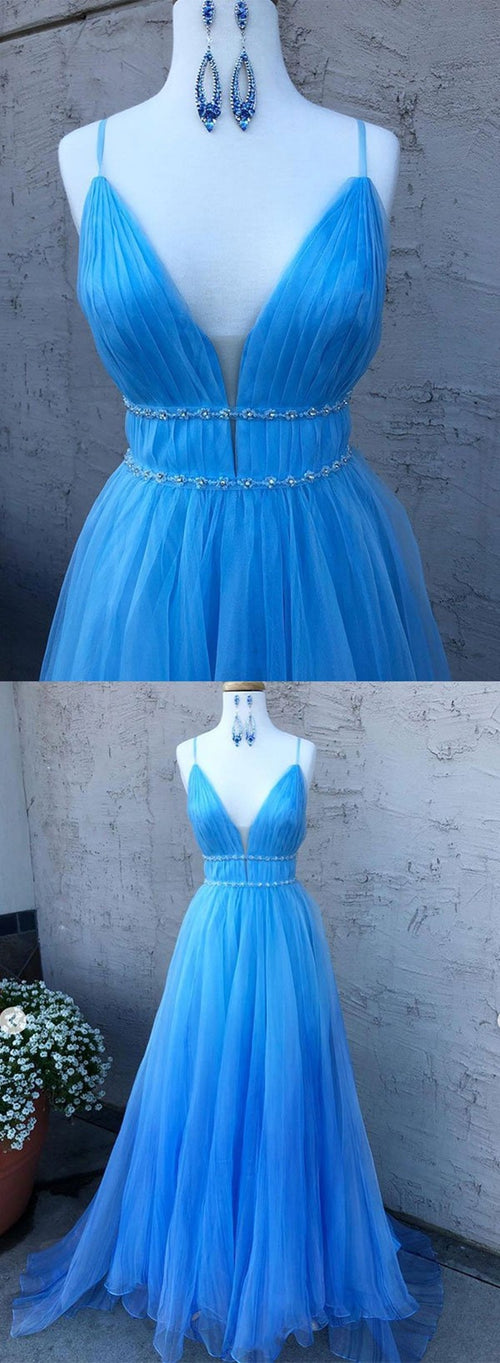 Vestidos de fiesta largos de tul con escote en V y corte A con cinturón fino, vestidos de noche formales azules