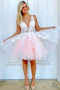 Vestido corto de fiesta de tul rosa y blanco con escote en V y corte A PD350