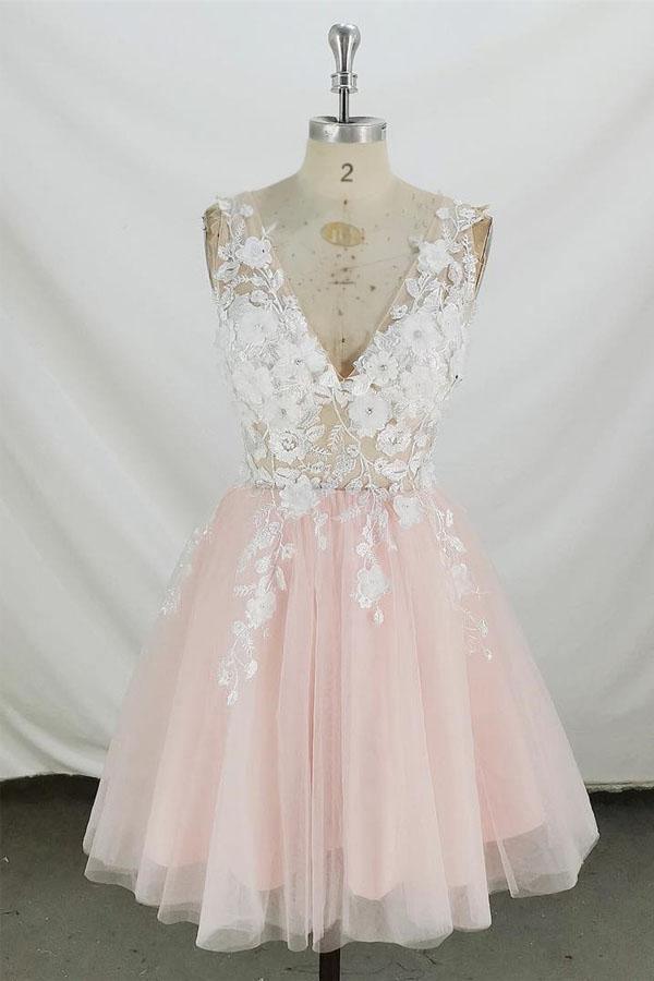 Vestido corto de fiesta de tul rosa y blanco con escote en V y corte A PD350