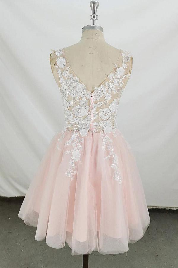 Vestido corto de fiesta de tul rosa y blanco con escote en V y corte A PD350
