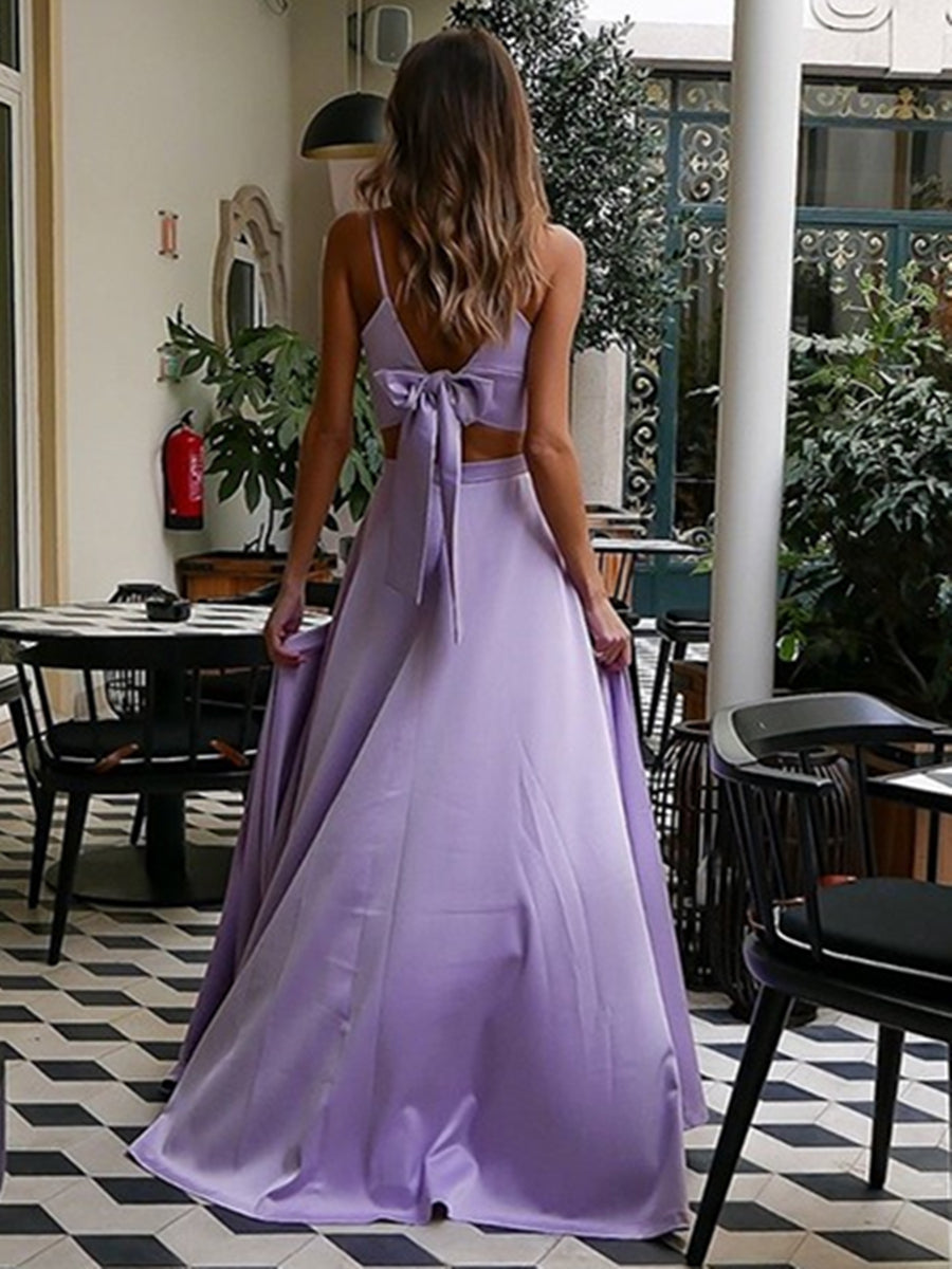 A-Linie, V-Ausschnitt, zweiteilig, lang, formelles Abend- und Ballkleid mit hohem Schlitz