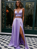 A-Linie, V-Ausschnitt, zweiteilig, lang, formelles Abend- und Ballkleid mit hohem Schlitz