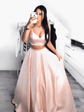 A-Linie V-Ausschnitt Zweiteiler Satin Langes Ballkleid Abendkleid Partykleid