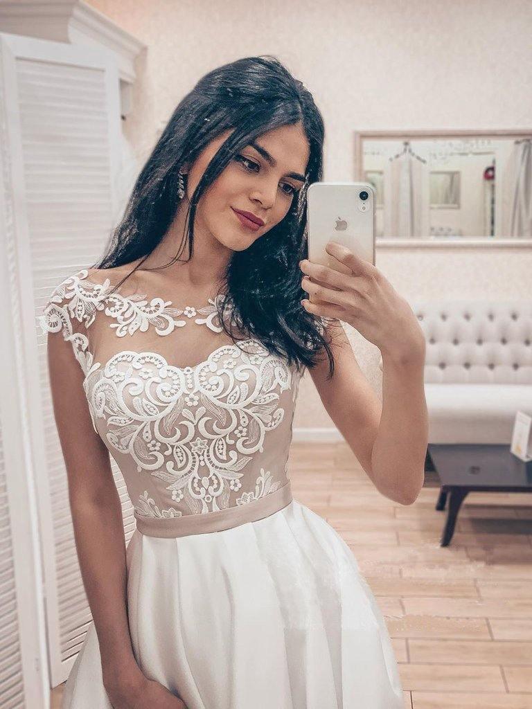 A Line Vintage Lace Bodice Bateau Corset Back Satin Wedding Dress WD523