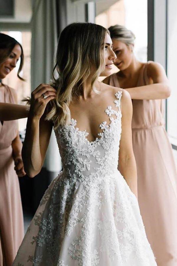 Vestidos de novia vintage de encaje con corte A y escote ilusión WD318