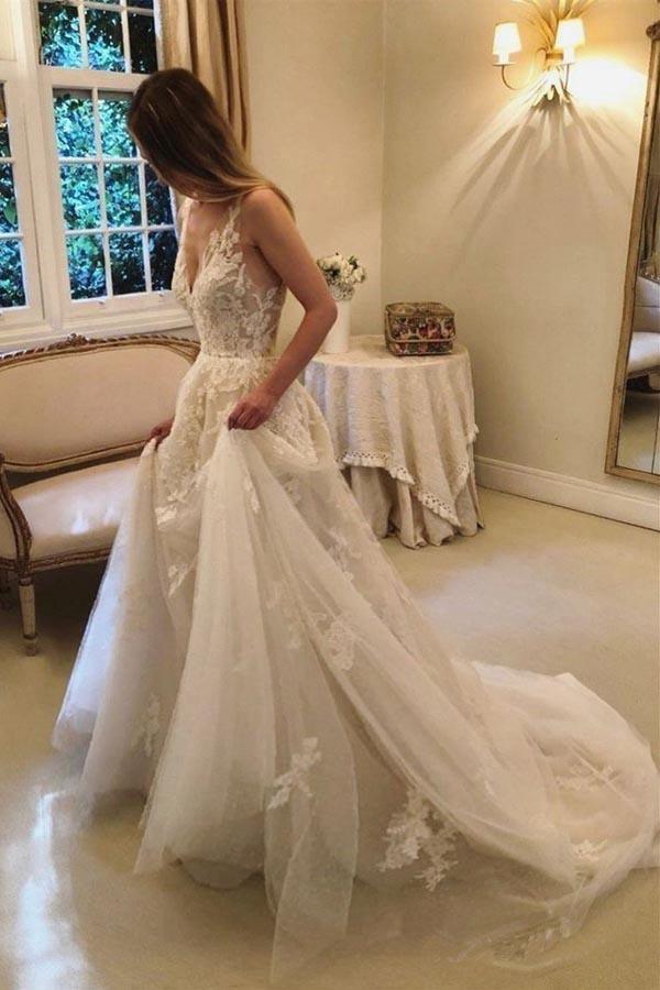 Vestido de novia rústico vintage de corte A con escote en V y encaje con cuentas WD351
