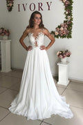 A-Linie Weiß Chiffon Applikationen Durchsichtig Boho Brautkleid WD344