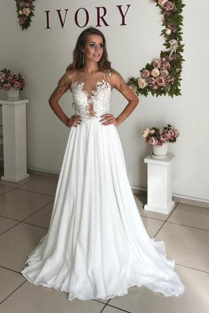 A-Linie Weiß Chiffon Applikationen Durchsichtig Boho Brautkleid WD344